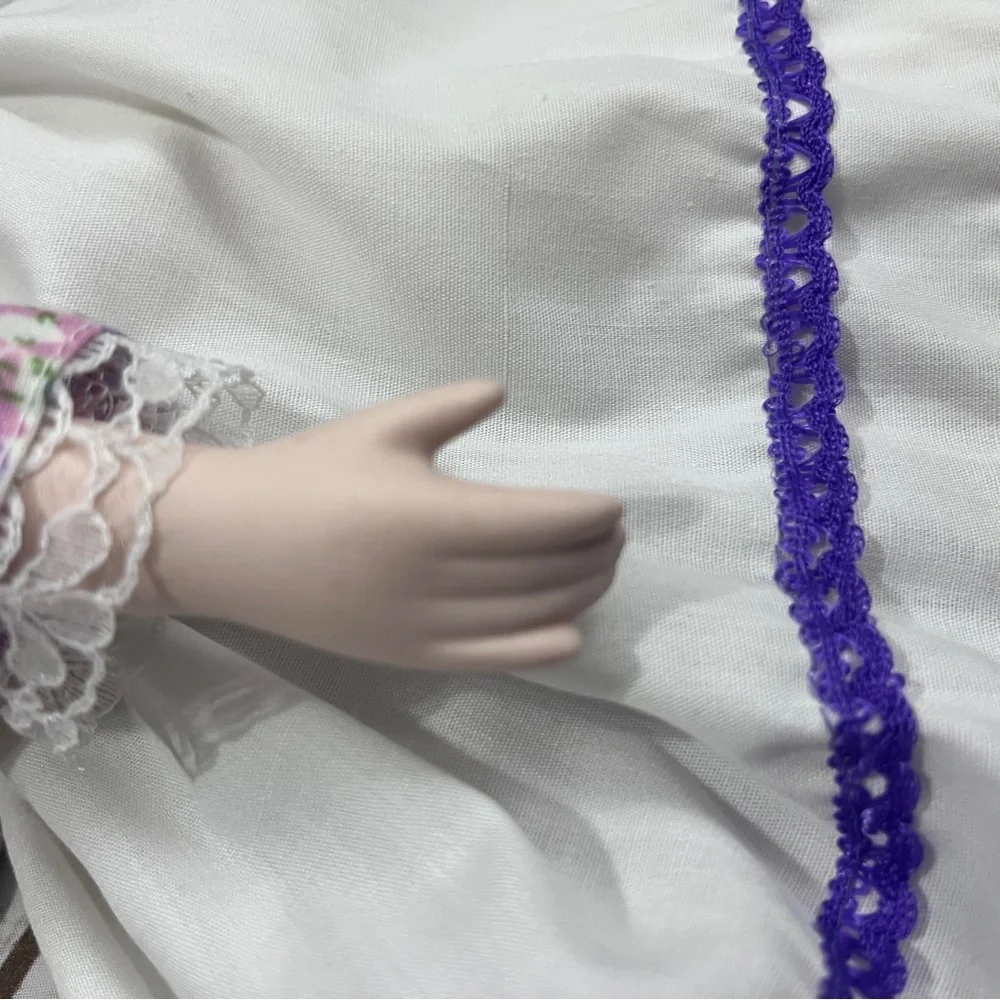 Porcelain Doll with purple floral dress and‎ Hat vintage